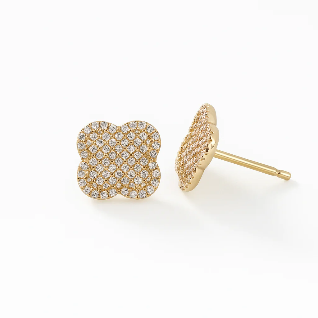 Yellow Gold and Diamond Clover Earrings - Image 3
